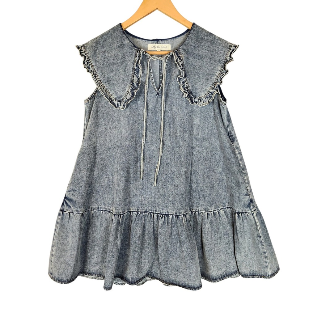 Sofie the label Denim Mini Dress S Blue Acid Wash Ruffle Collar Tiered Sleveless